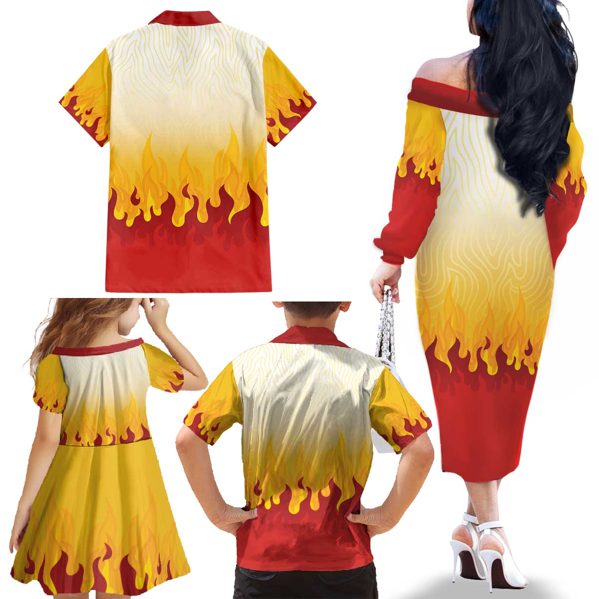 Japanese Kaen Pattern Family Matching Off The Shoulder Long Sleeve Dress and Hawaiian Shirt Flame Pillar Blazing Lion Heart - Polynesian Pride