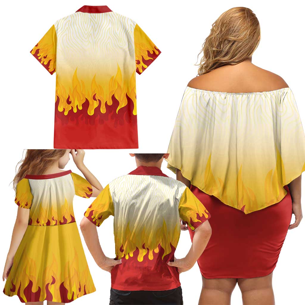 Japanese Kaen Pattern Family Matching Off Shoulder Short Dress and Hawaiian Shirt Flame Pillar Blazing Lion Heart - Polynesian Pride