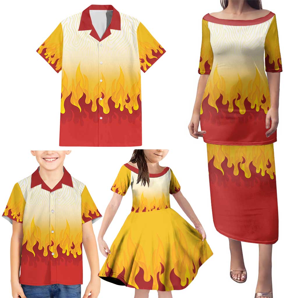 Japanese Kaen Pattern Family Matching Puletasi and Hawaiian Shirt Flame Pillar Blazing Lion Heart - Polynesian Pride