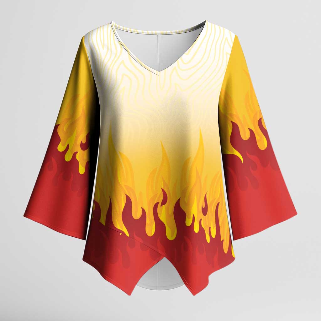 Japanese Kaen Pattern Kimono Sleeve Blouse Flame Pillar Blazing Lion Heart - Polynesian Pride