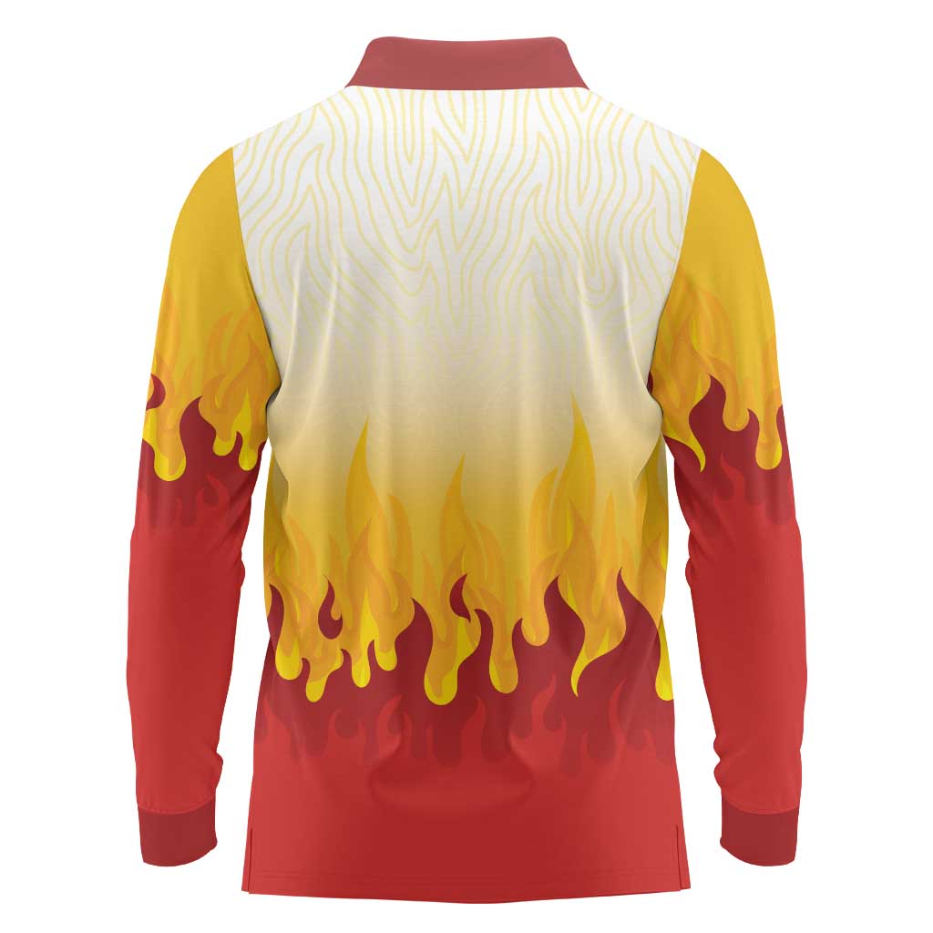 Japanese Kaen Pattern Long Sleeve Polo Shirt Flame Pillar Blazing Lion Heart - Polynesian Pride