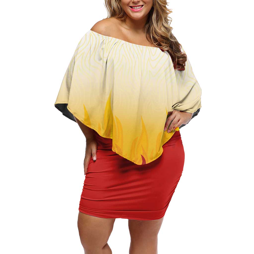 Japanese Kaen Pattern Off Shoulder Short Dress Flame Pillar Blazing Lion Heart - Polynesian Pride