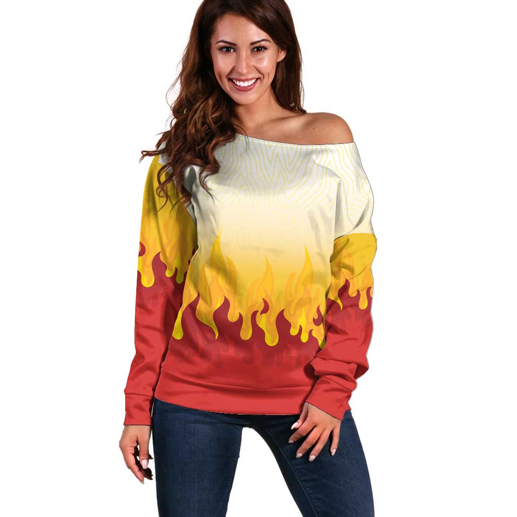 Japanese Kaen Pattern Off Shoulder Sweater Flame Pillar Blazing Lion Heart - Polynesian Pride
