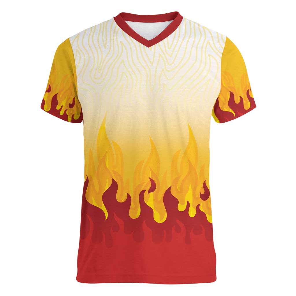 Japanese Kaen Pattern Women V-Neck T-Shirt Flame Pillar Blazing Lion Heart LT9 Female Red - Polynesian Pride