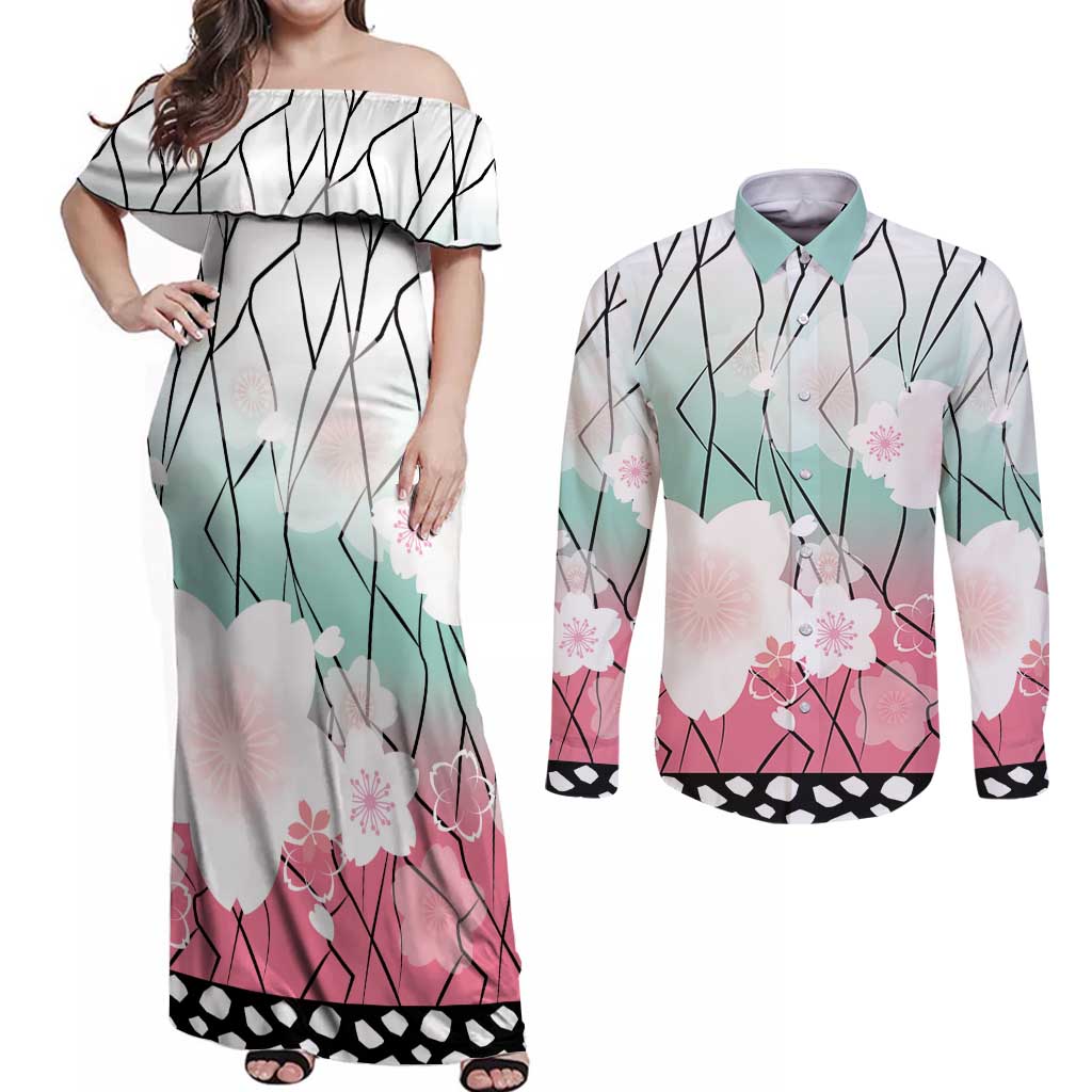 Japanese Kocho Pattern Couples Matching Off Shoulder Maxi Dress and Long Sleeve Button Shirt Insect Pillar Butterfly Flower Fairy - Polynesian Pride