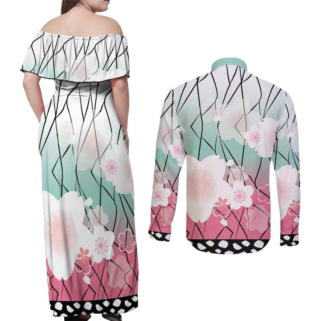 Japanese Kocho Pattern Couples Matching Off Shoulder Maxi Dress and Long Sleeve Button Shirt Insect Pillar Butterfly Flower Fairy - Polynesian Pride