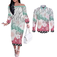 Japanese Kocho Pattern Couples Matching Off The Shoulder Long Sleeve Dress and Long Sleeve Button Shirt Insect Pillar Butterfly Flower Fairy - Polynesian Pride