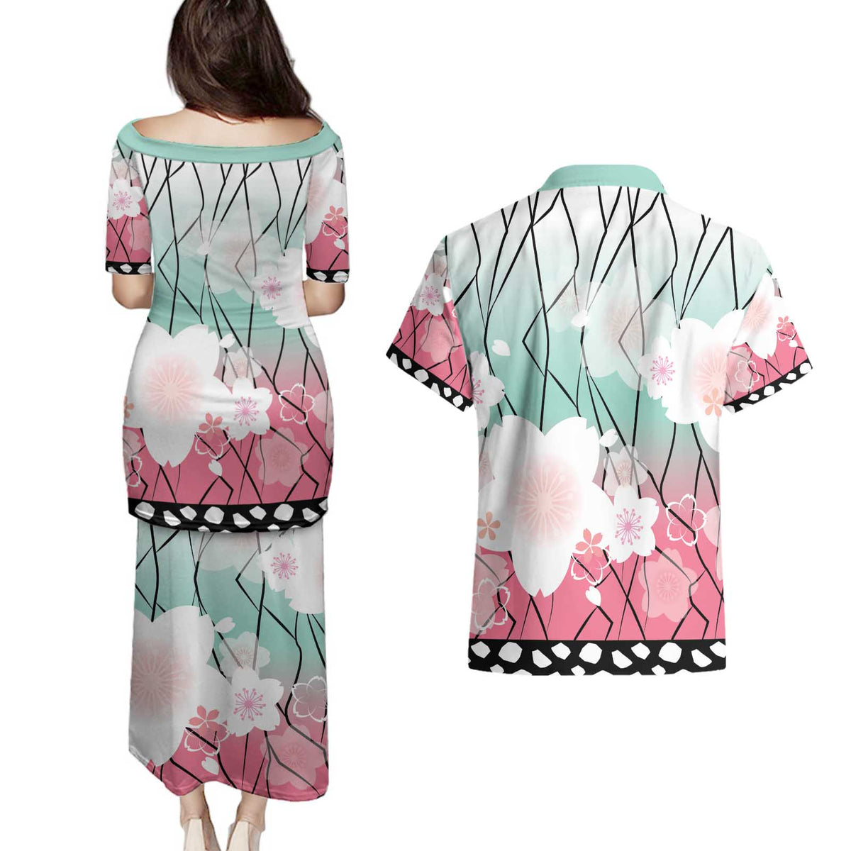 Japanese Kocho Pattern Couples Matching Puletasi and Hawaiian Shirt Insect Pillar Butterfly Flower Fairy - Polynesian Pride