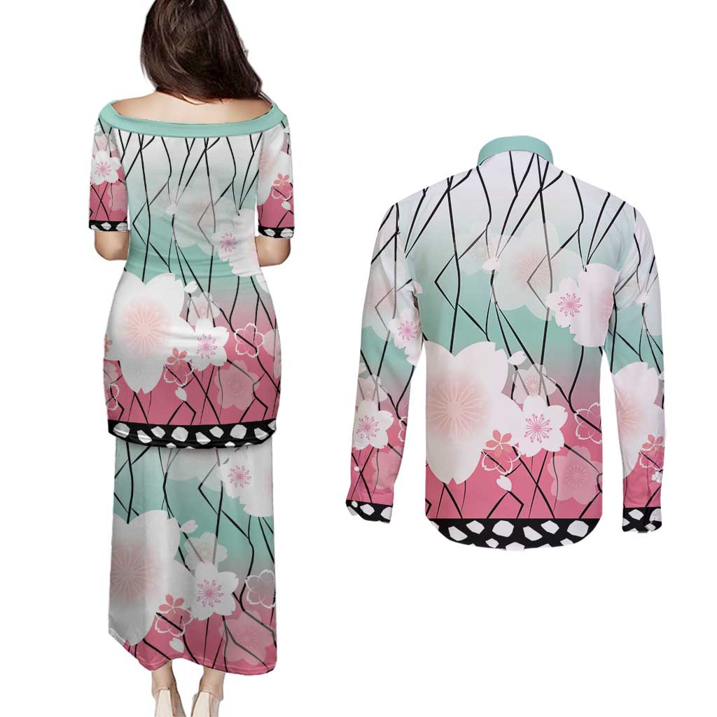 Japanese Kocho Pattern Couples Matching Puletasi and Long Sleeve Button Shirt Insect Pillar Butterfly Flower Fairy - Polynesian Pride