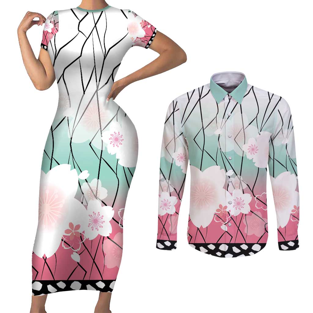 Japanese Kocho Pattern Couples Matching Short Sleeve Bodycon Dress and Long Sleeve Button Shirt Insect Pillar Butterfly Flower Fairy - Polynesian Pride