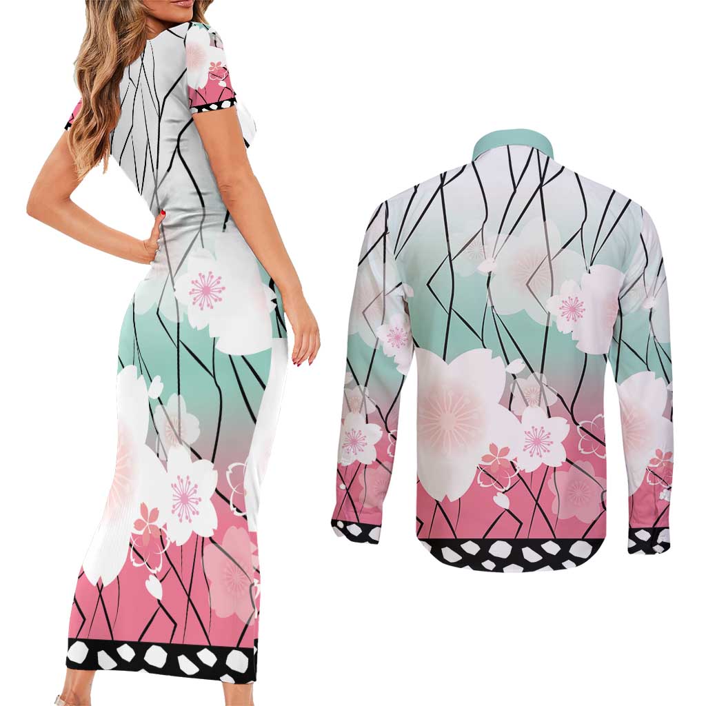 Japanese Kocho Pattern Couples Matching Short Sleeve Bodycon Dress and Long Sleeve Button Shirt Insect Pillar Butterfly Flower Fairy - Polynesian Pride