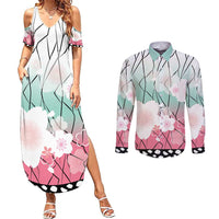 Japanese Kocho Pattern Couples Matching Summer Maxi Dress and Long Sleeve Button Shirt Insect Pillar Butterfly Flower Fairy - Polynesian Pride