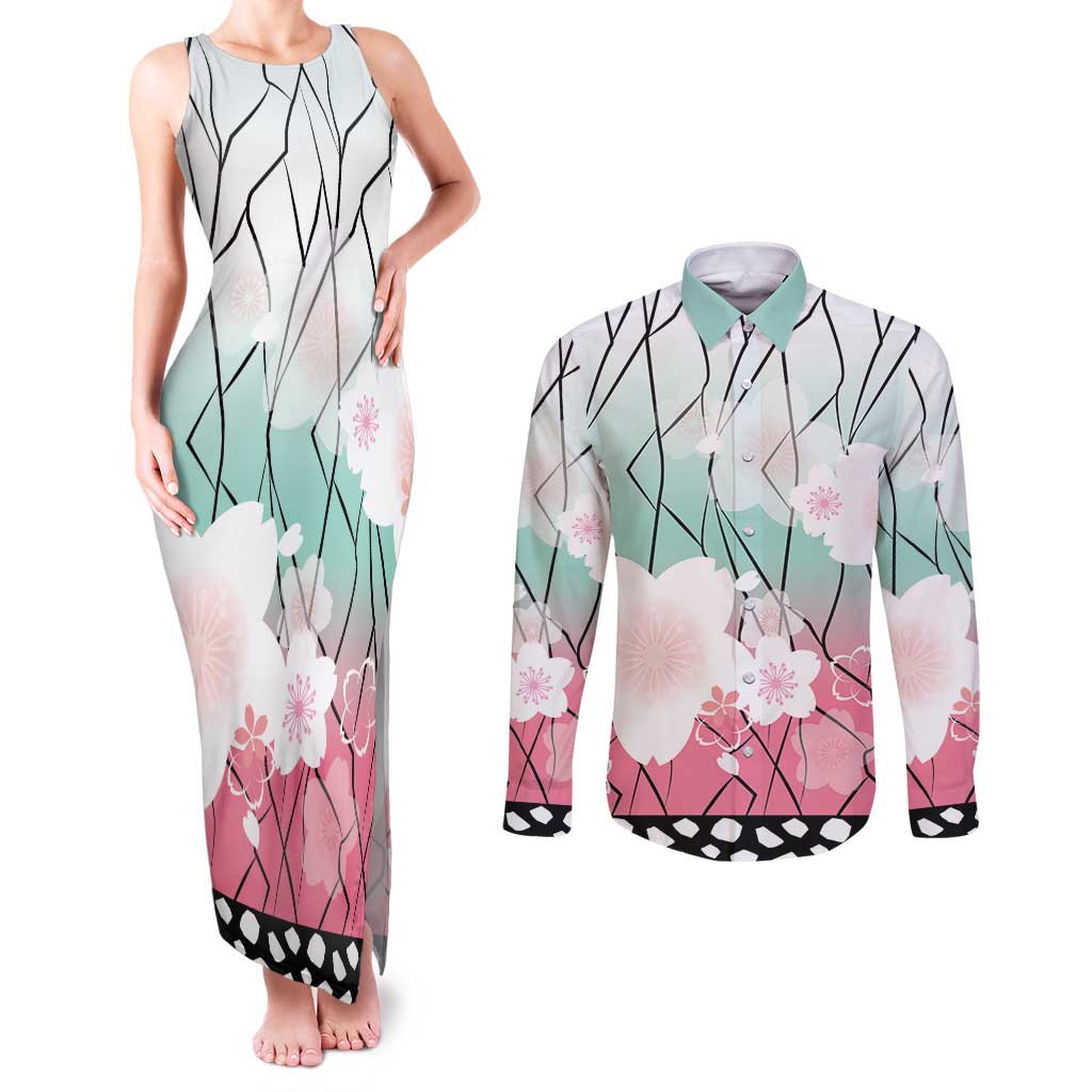 Japanese Kocho Pattern Couples Matching Tank Maxi Dress and Long Sleeve Button Shirt Insect Pillar Butterfly Flower Fairy - Polynesian Pride