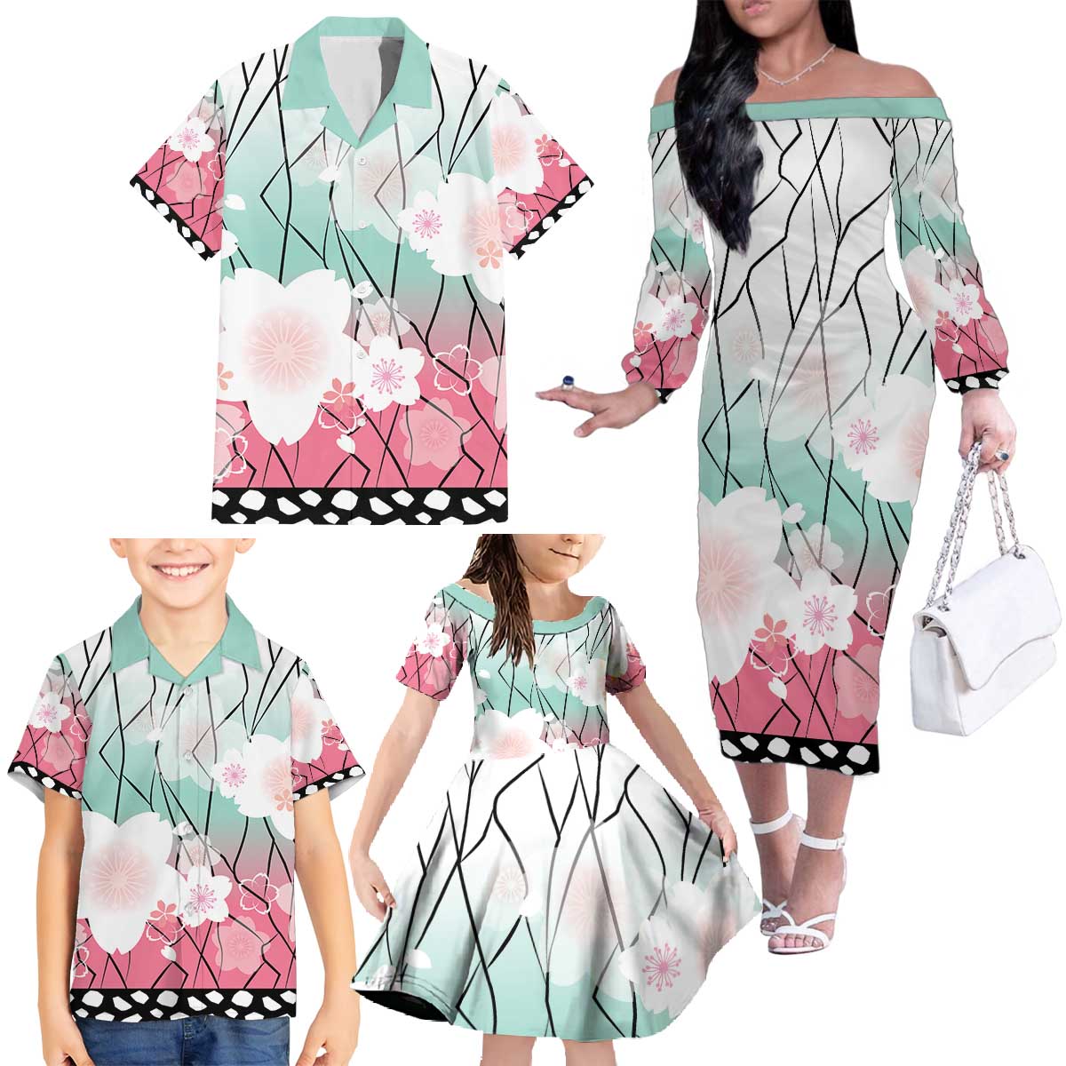 Japanese Kocho Pattern Family Matching Off The Shoulder Long Sleeve Dress and Hawaiian Shirt Insect Pillar Butterfly Flower Fairy - Polynesian Pride