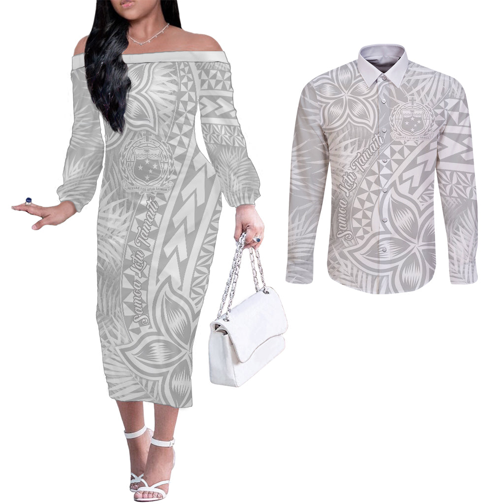 Samoa Lotu Tamait Couples Matching Off The Shoulder Long Sleeve Dress and Long Sleeve Button Shirts Tropical Plant White Sunday With Polynesia Pattern LT9 White - Polynesian Pride