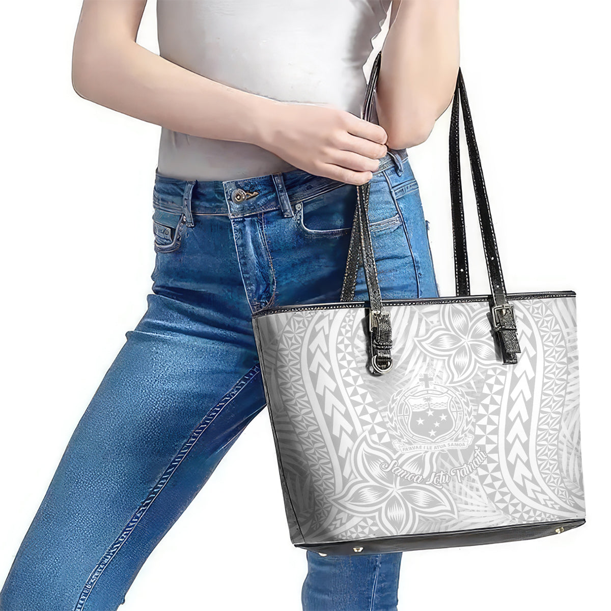 Samoa Lotu Tamait Leather Tote Bag Tropical Plant White Sunday With Polynesia Pattern LT9 - Polynesian Pride