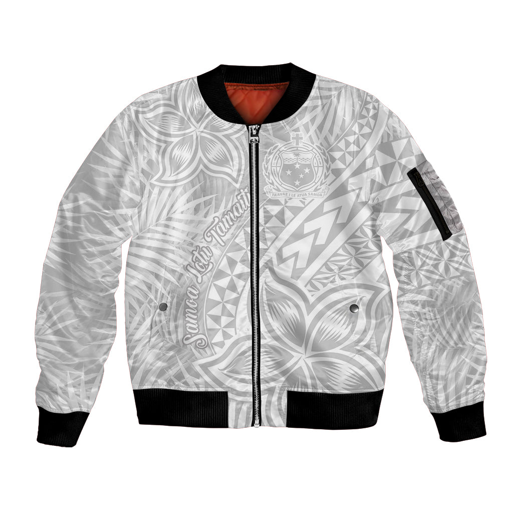 Samoa Lotu Tamait Sleeve Zip Bomber Jacket Tropical Plant White Sunday With Polynesia Pattern LT9 Unisex White - Polynesian Pride