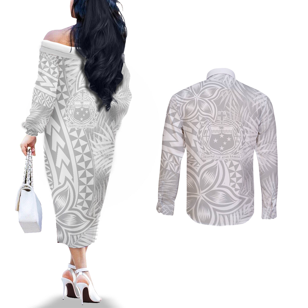 Personalised Samoa Lotu Tamait Couples Matching Off The Shoulder Long Sleeve Dress and Long Sleeve Button Shirts Tropical Plant White Sunday With Polynesia Pattern LT9 - Polynesian Pride