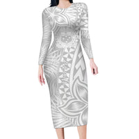 Personalised Samoa Lotu Tamait Family Matching Long Sleeve Bodycon Dress and Hawaiian Shirt Tropical Plant White Sunday With Polynesia Pattern LT9 Mom's Dress White - Polynesian Pride