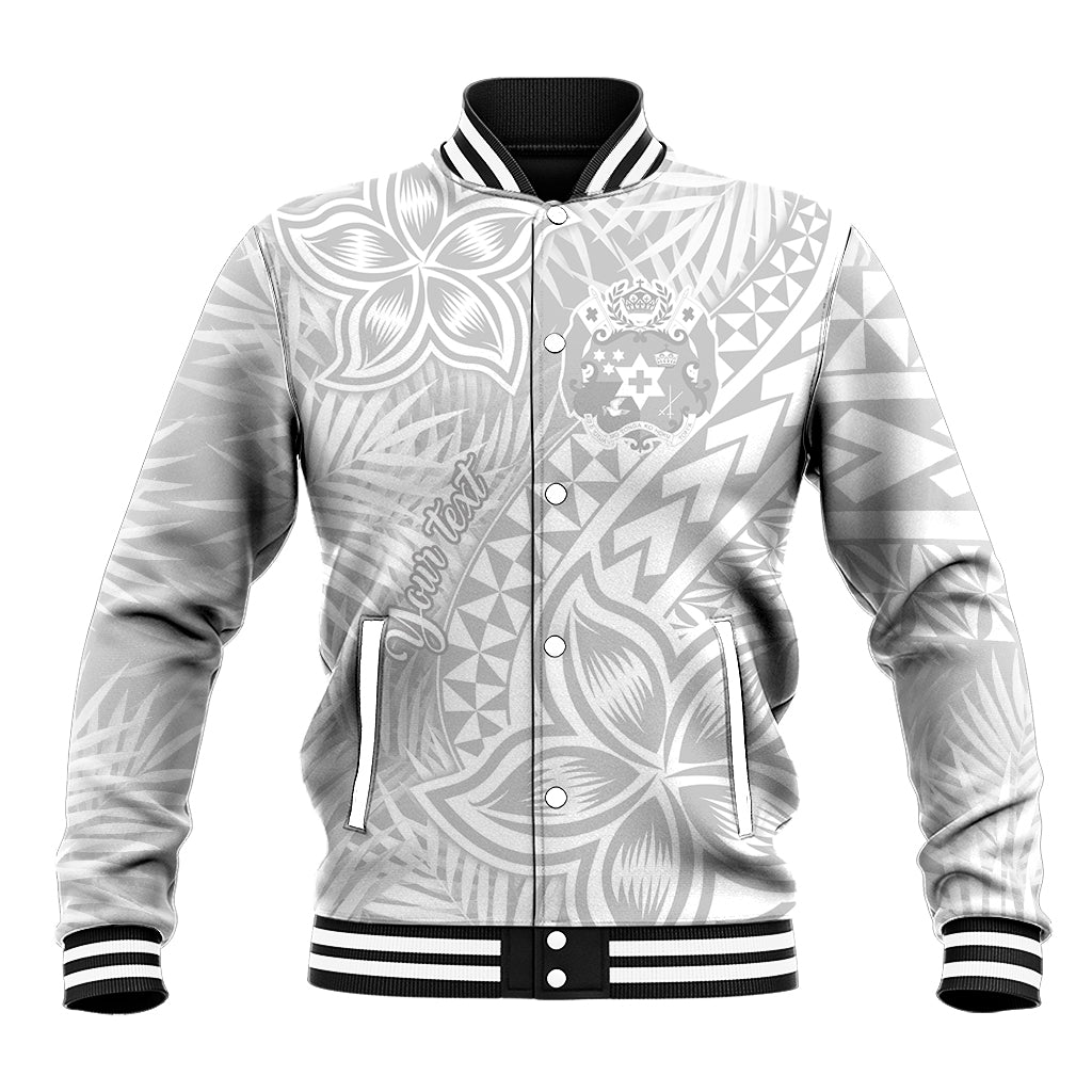 Personalised Tonga White Sunday Baseball Jacket Tropical Plant With Polynesian Pattern LT9 Unisex White - Polynesian Pride