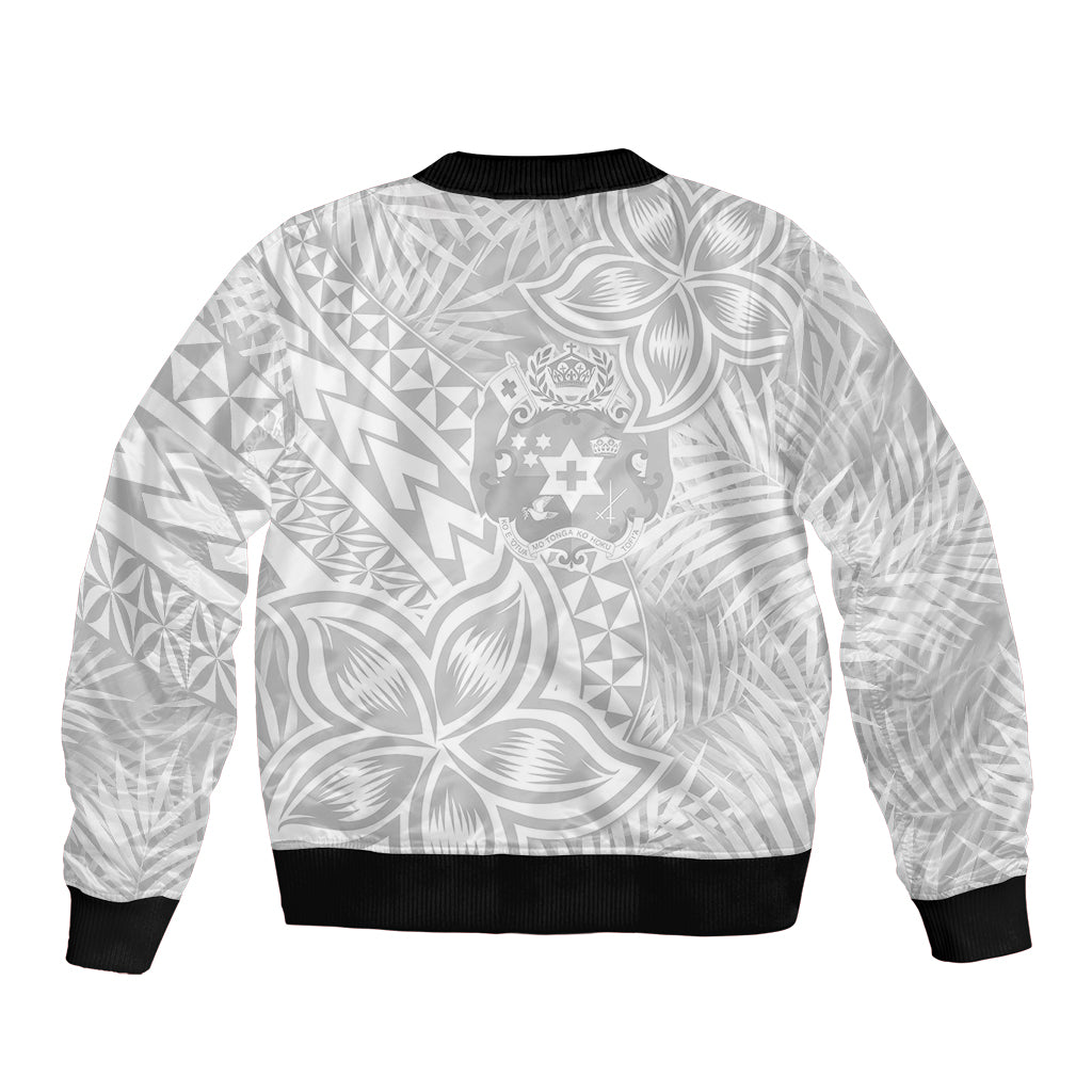 Personalised Tonga White Sunday Bomber Jacket Tropical Plant With Polynesian Pattern LT9 - Polynesian Pride