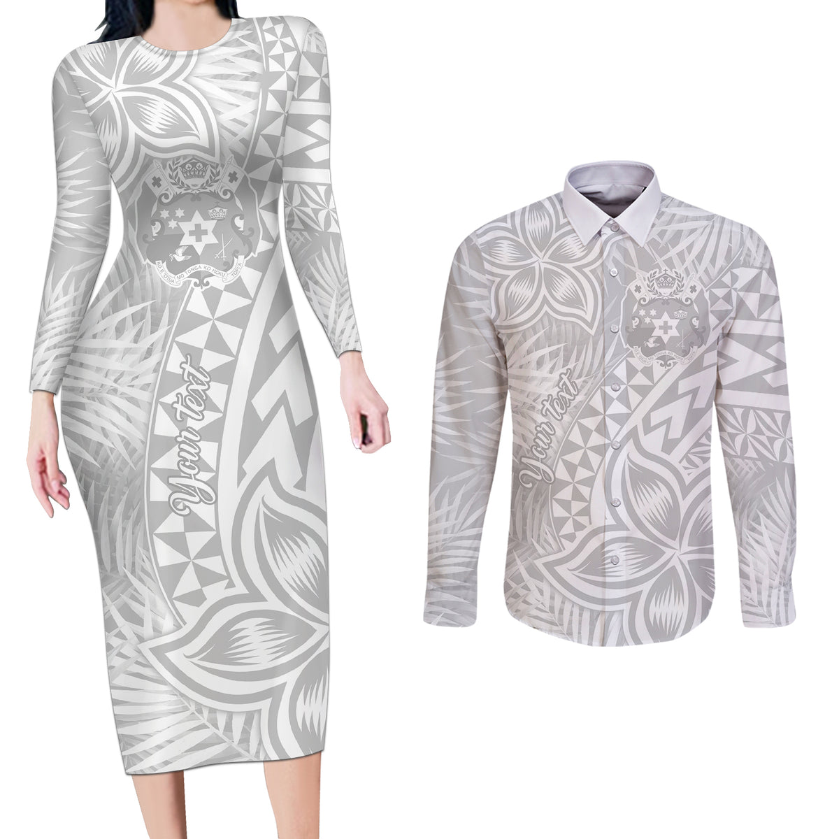 Personalised Tonga White Sunday Couples Matching Long Sleeve Bodycon Dress and Long Sleeve Button Shirts Tropical Plant With Polynesian Pattern LT9 White - Polynesian Pride