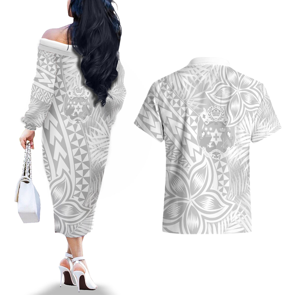 Personalised Tonga White Sunday Couples Matching Off The Shoulder Long Sleeve Dress and Hawaiian Shirt Tropical Plant With Polynesian Pattern LT9 - Polynesian Pride