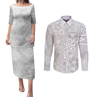 Personalised Tonga White Sunday Couples Matching Puletasi Dress and Long Sleeve Button Shirts Tropical Plant With Polynesian Pattern LT9 White - Polynesian Pride