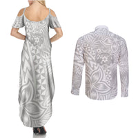 Personalised Tonga White Sunday Couples Matching Summer Maxi Dress and Long Sleeve Button Shirts Tropical Plant With Polynesian Pattern LT9 - Polynesian Pride