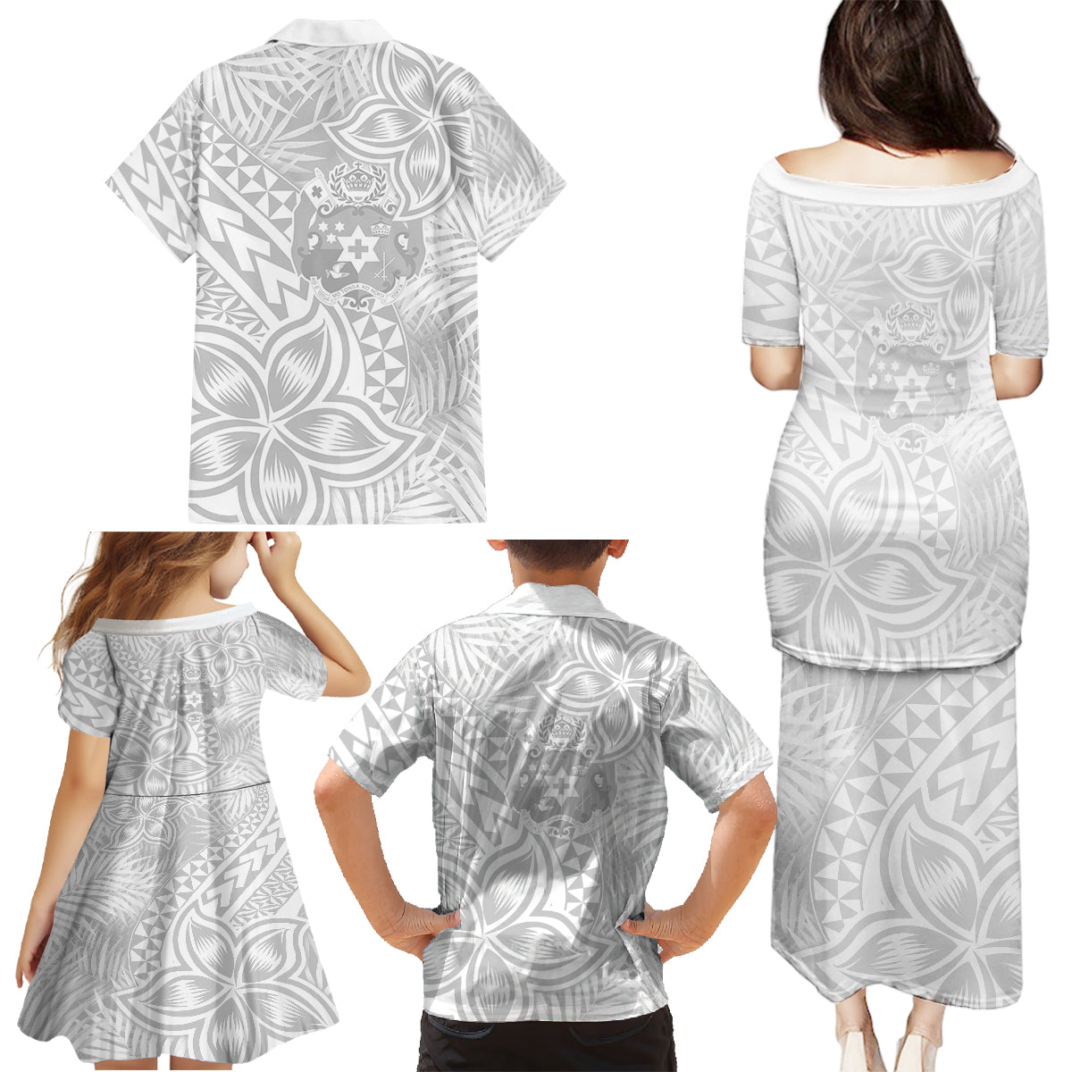 Personalised Tonga White Sunday Family Matching Puletasi Dress and Hawaiian Shirt Tropical Plant With Polynesian Pattern LT9 - Polynesian Pride