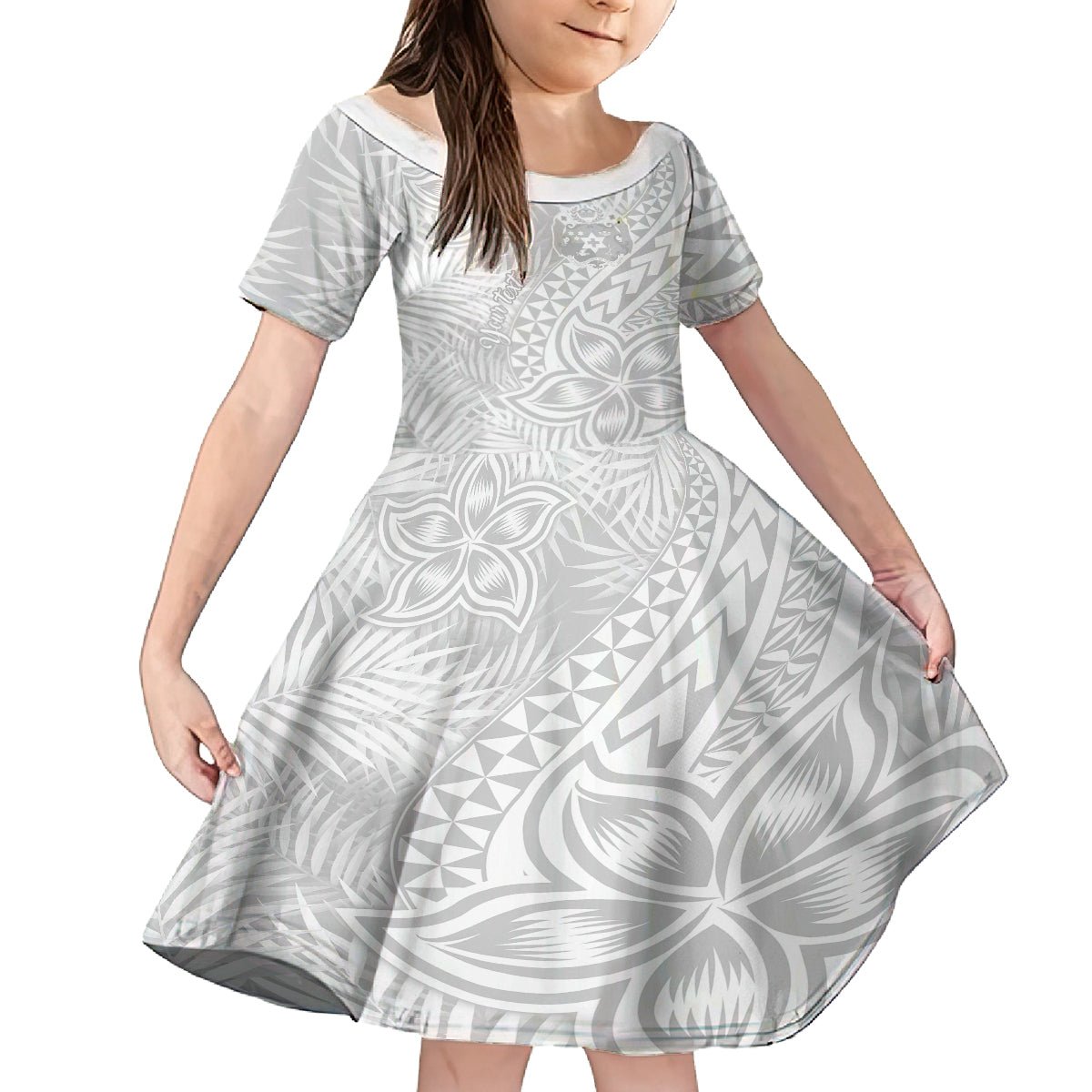 Personalised Tonga White Sunday Kid Short Sleeve Dress Tropical Plant With Polynesian Pattern LT9 KID White - Polynesian Pride