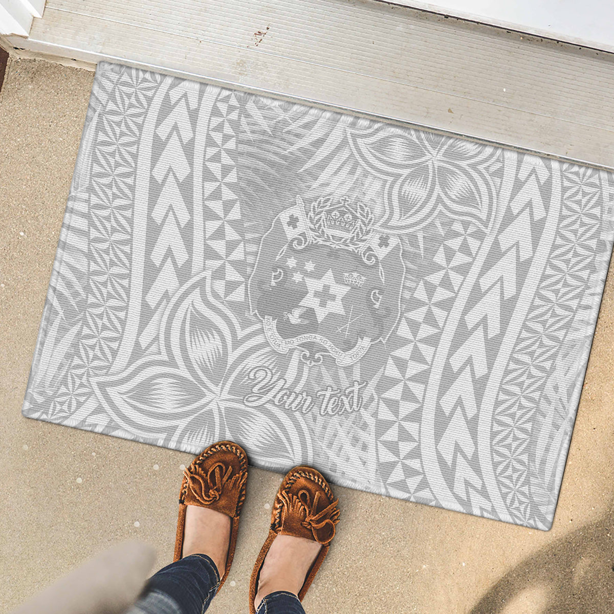 Personalised Tonga White Sunday Rubber Doormat Tropical Plant With Polynesian Pattern LT9 - Polynesian Pride