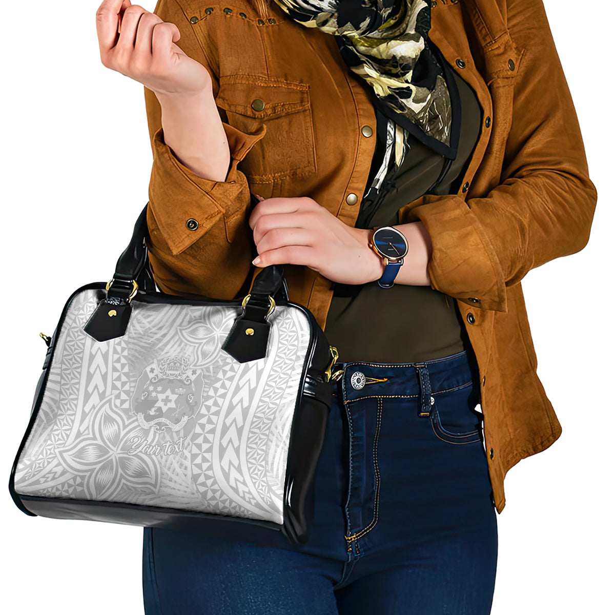 Personalised Tonga White Sunday Shoulder Handbag Tropical Plant With Polynesian Pattern LT9 - Polynesian Pride