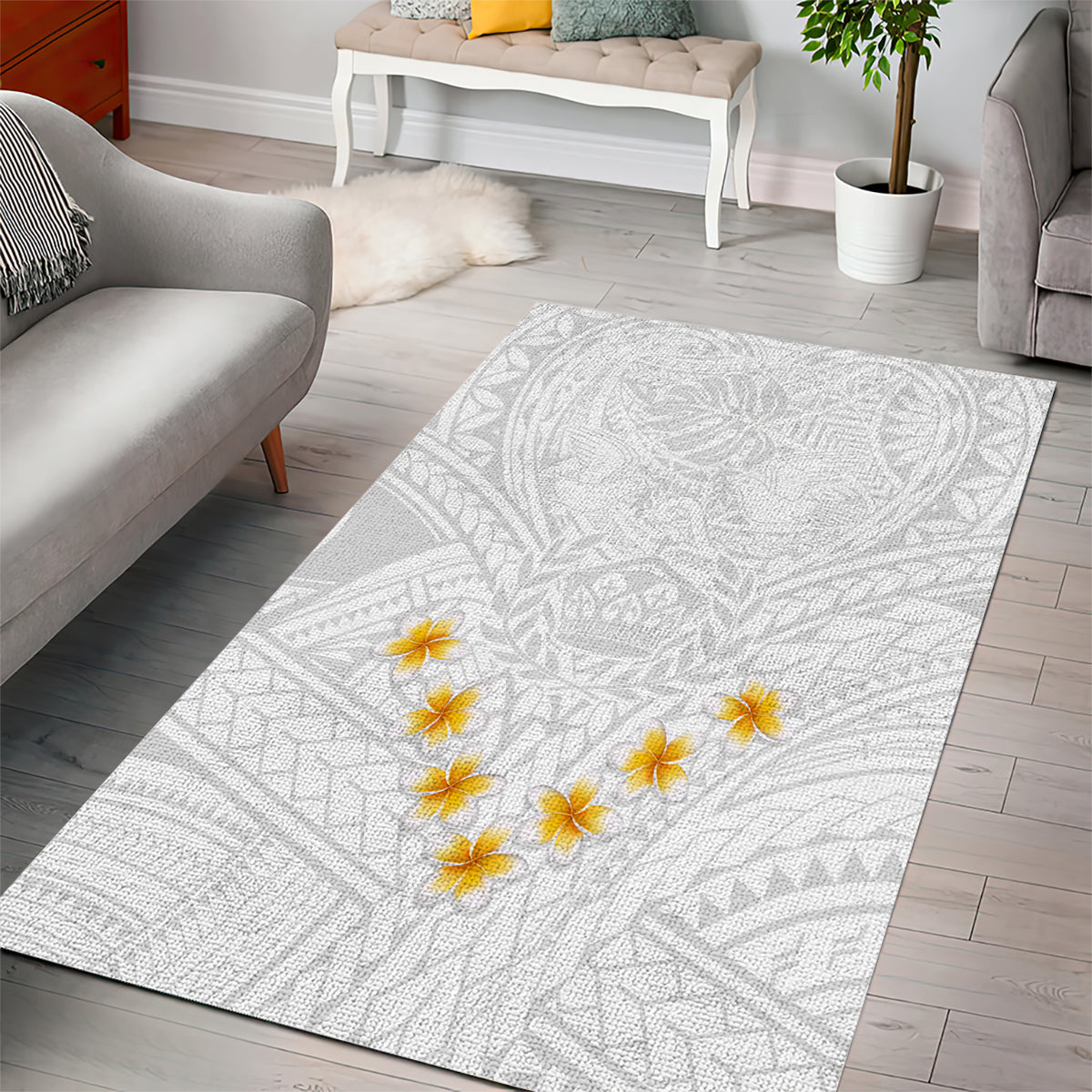 Tonga White Sunday Area Rug Polynesian Plumeria Tribal Simple LT9 - Polynesian Pride