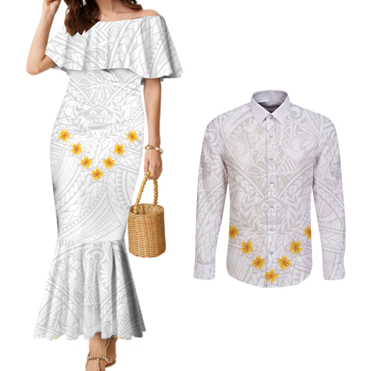 Tonga White Sunday Couples Matching Mermaid Dress and Long Sleeve Button Shirts Polynesian Plumeria Tribal Simple LT9 White - Polynesian Pride