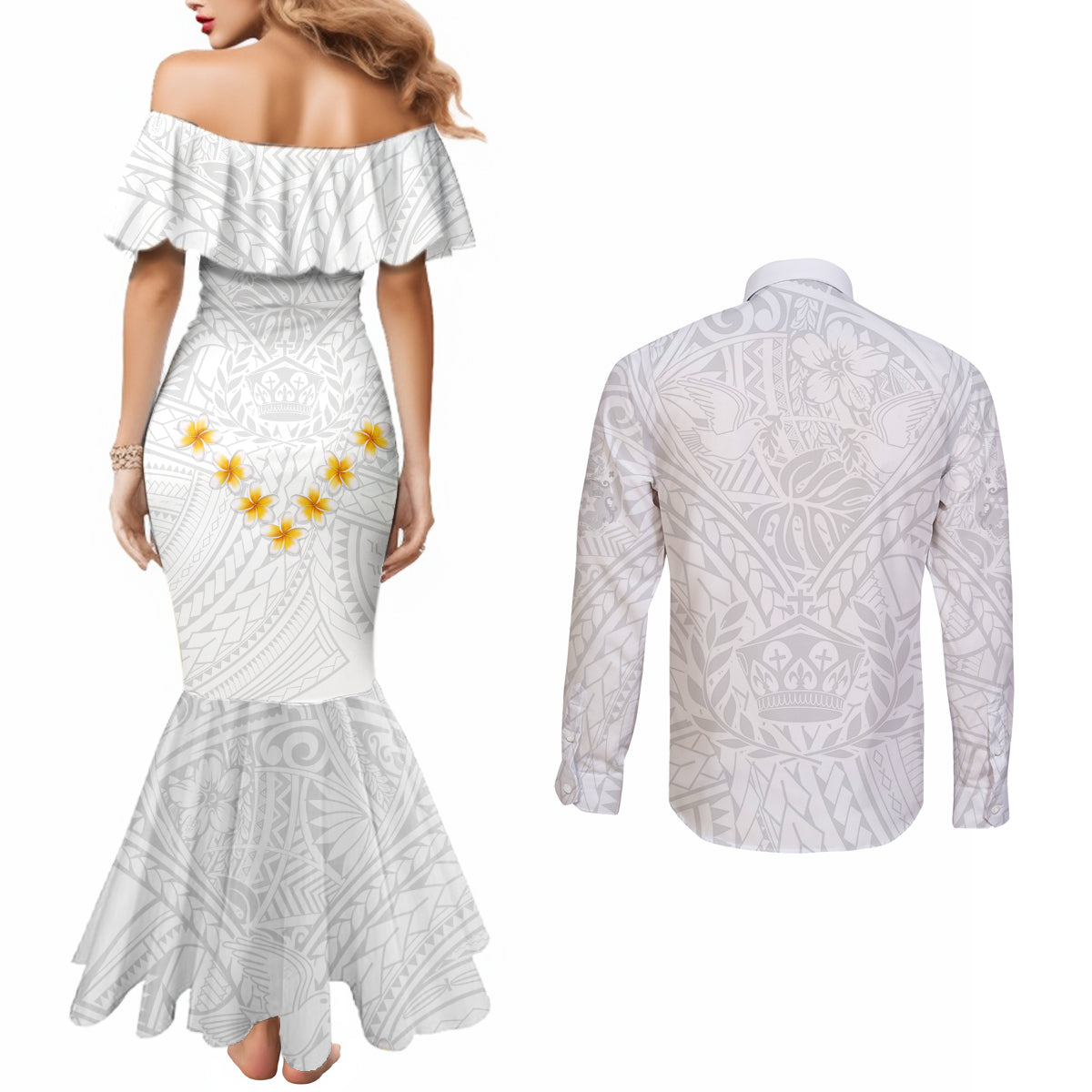 Tonga White Sunday Couples Matching Mermaid Dress and Long Sleeve Button Shirts Polynesian Plumeria Tribal Simple LT9 - Polynesian Pride