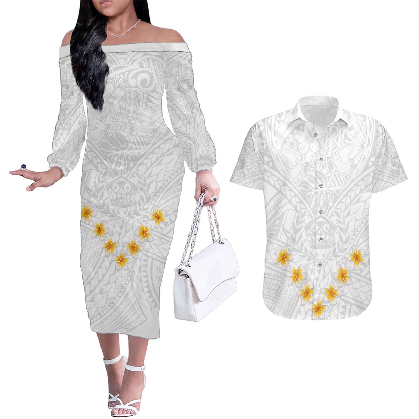 Tonga White Sunday Couples Matching Off The Shoulder Long Sleeve Dress and Hawaiian Shirt Polynesian Plumeria Tribal Simple LT9 White - Polynesian Pride