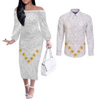 Tonga White Sunday Couples Matching Off The Shoulder Long Sleeve Dress and Long Sleeve Button Shirts Polynesian Plumeria Tribal Simple LT9 White - Polynesian Pride