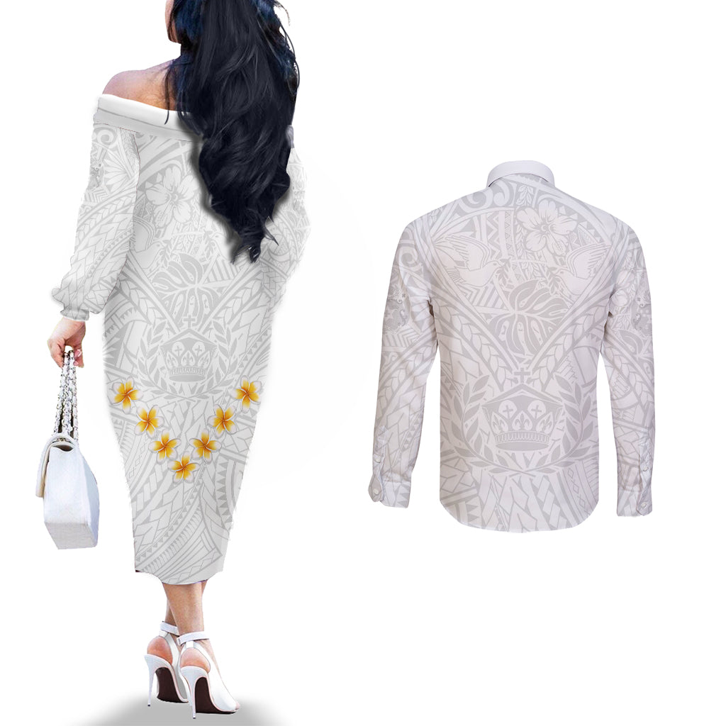 Tonga White Sunday Couples Matching Off The Shoulder Long Sleeve Dress and Long Sleeve Button Shirts Polynesian Plumeria Tribal Simple LT9 - Polynesian Pride