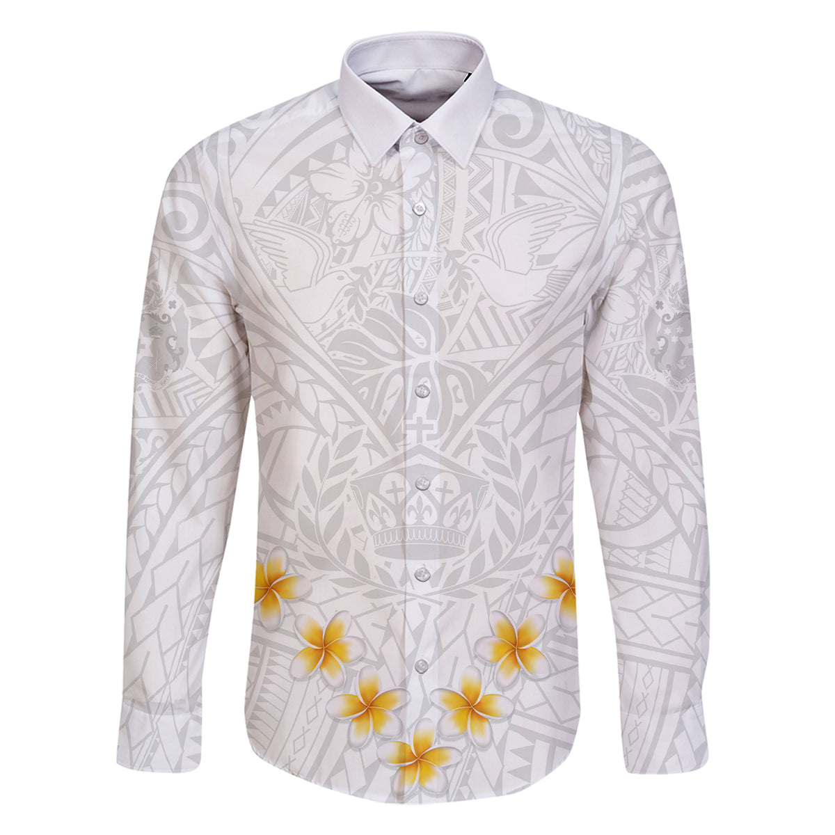 Tonga White Sunday Family Matching Mermaid Dress and Hawaiian Shirt Polynesian Plumeria Tribal Simple LT9 Dad's Shirt - Long Sleeve White - Polynesian Pride
