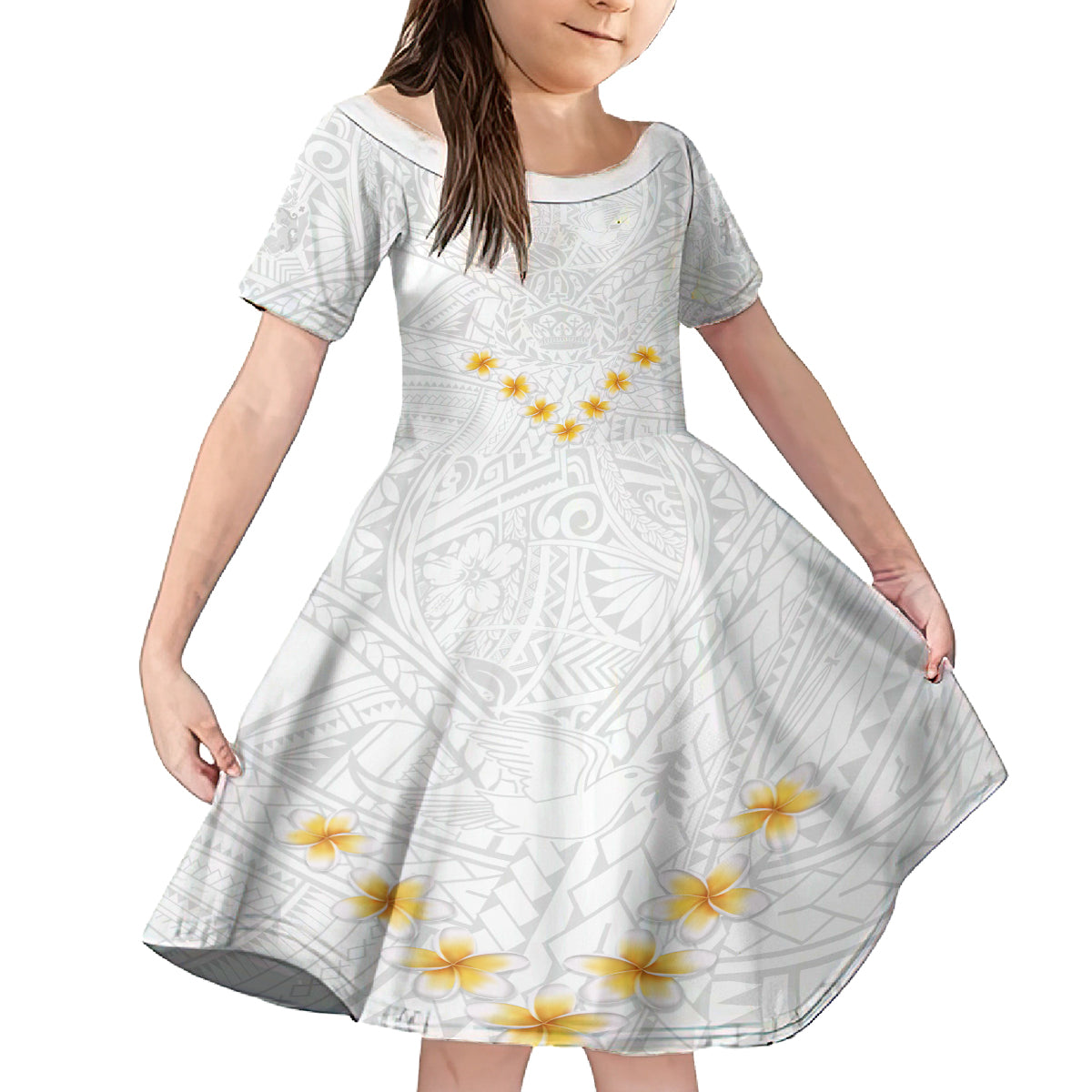 Tonga White Sunday Family Matching Off Shoulder Long Sleeve Dress and Hawaiian Shirt Polynesian Plumeria Tribal Simple LT9 Daughter's Dress White - Polynesian Pride