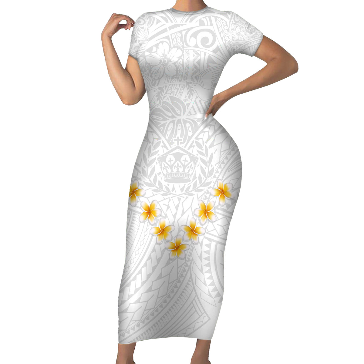 Tonga White Sunday Family Matching Short Sleeve Bodycon Dress and Hawaiian Shirt Polynesian Plumeria Tribal Simple LT9 Mom's Dress White - Polynesian Pride