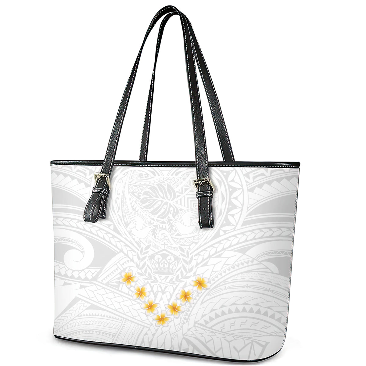Tonga White Sunday Leather Tote Bag Polynesian Plumeria Tribal Simple LT9 - Polynesian Pride