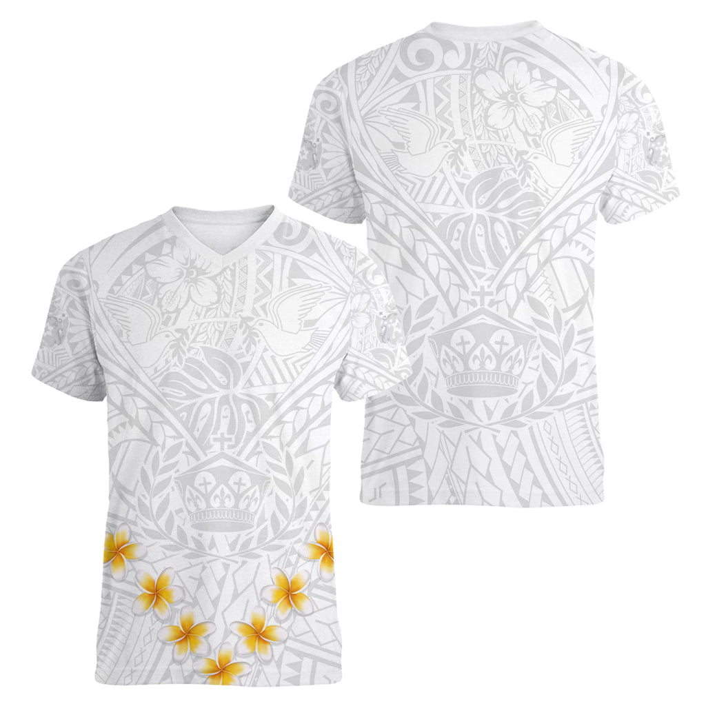 Tonga White Sunday Women V Neck T Shirt Polynesian Plumeria Tribal Simple LT9 - Polynesian Pride