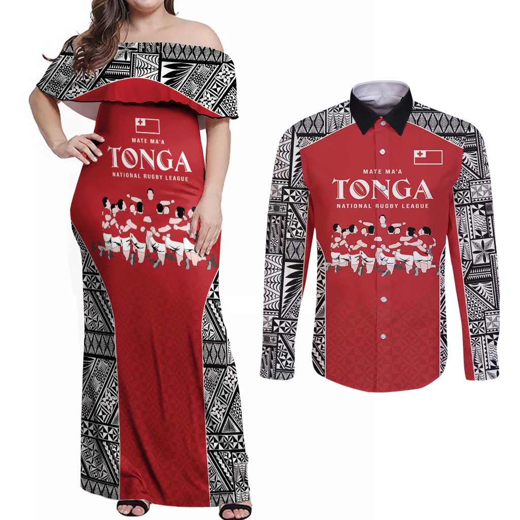 Custom Tonga Rugby Mate Ma'a Couples Matching Off Shoulder Maxi Dress and Long Sleeve Button Shirt Tonga XIII Make History Pacific Champions LT9 Red - Polynesian Pride