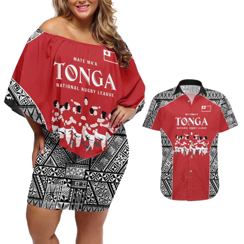 Custom Tonga Rugby Mate Ma'a Couples Matching Off Shoulder Short Dress and Hawaiian Shirt Tonga XIII Make History Pacific Champions LT9 Red - Polynesian Pride