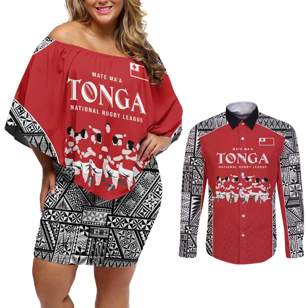 Custom Tonga Rugby Mate Ma'a Couples Matching Off Shoulder Short Dress and Long Sleeve Button Shirt Tonga XIII Make History Pacific Champions LT9 Red - Polynesian Pride