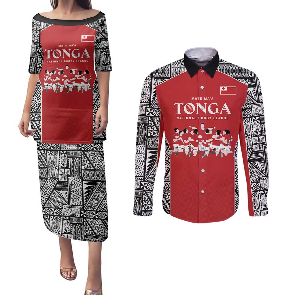 Custom Tonga Rugby Mate Ma'a Couples Matching Puletasi and Long Sleeve Button Shirt Tonga XIII Make History Pacific Champions LT9 Red - Polynesian Pride