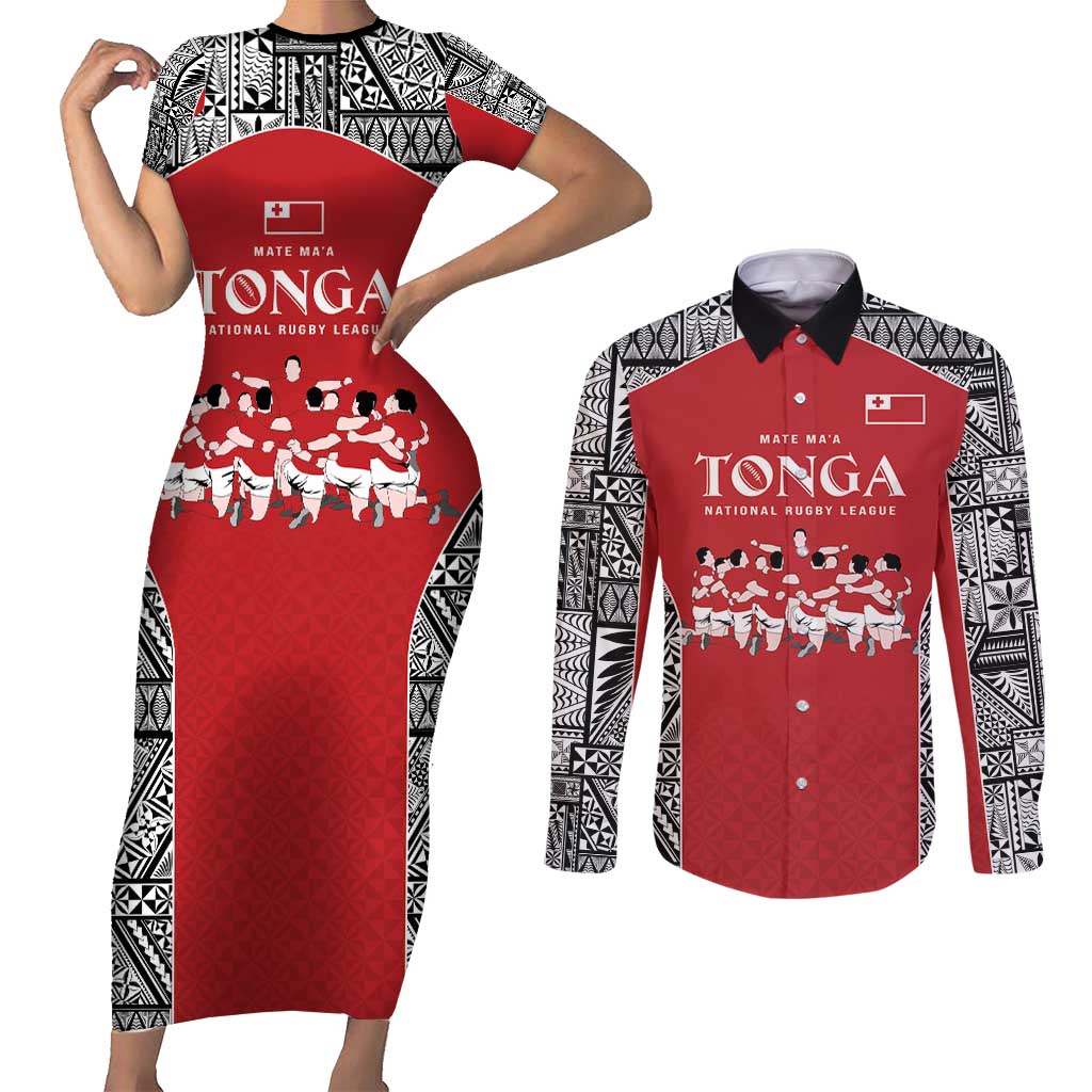 Custom Tonga Rugby Mate Ma'a Couples Matching Short Sleeve Bodycon Dress and Long Sleeve Button Shirt Tonga XIII Make History Pacific Champions LT9 Red - Polynesian Pride