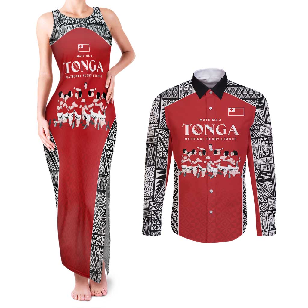 Custom Tonga Rugby Mate Ma'a Couples Matching Tank Maxi Dress and Long Sleeve Button Shirt Tonga XIII Make History Pacific Champions LT9 Red - Polynesian Pride